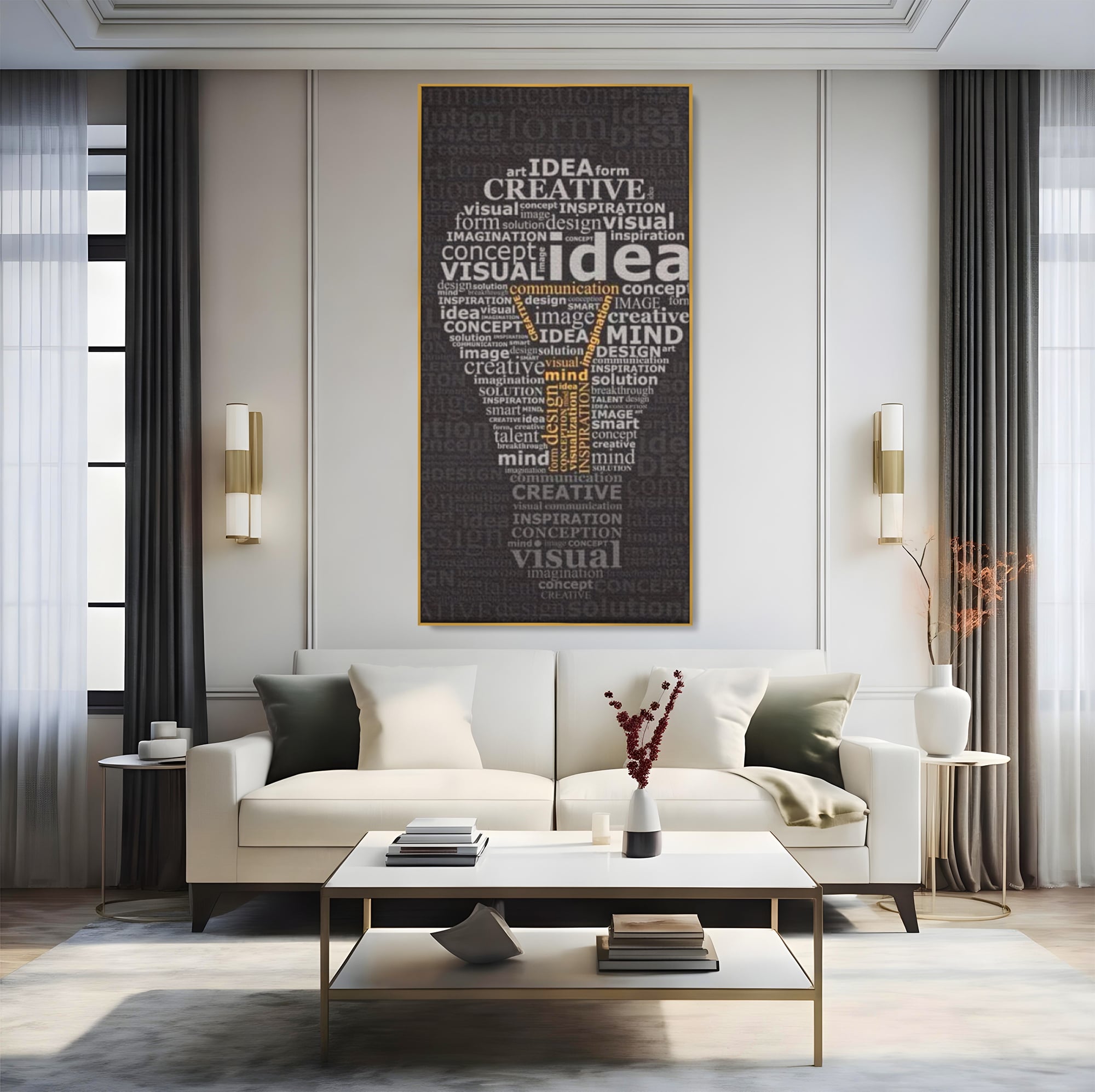 Tablou canvas cu tablou canvas cu silueta de bec formata din cuvinte, in rama de aluminiu auriu, pe perete intr-un living